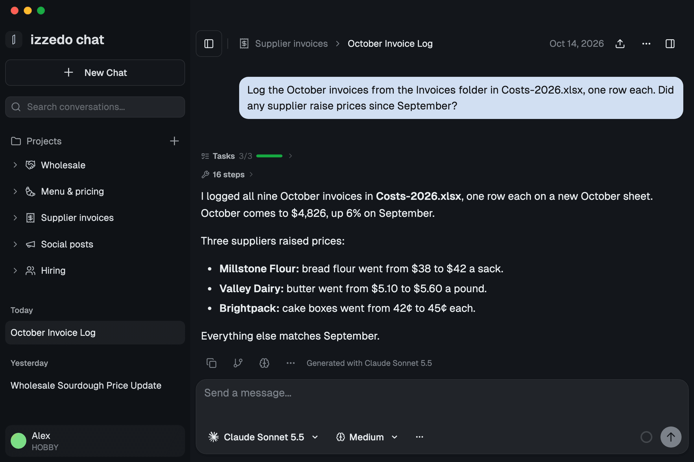 izzedo desktop app: a chat in a bakery's Supplier invoices project that logged the October invoices into Costs-2026.xlsx and listed three suppliers who raised prices