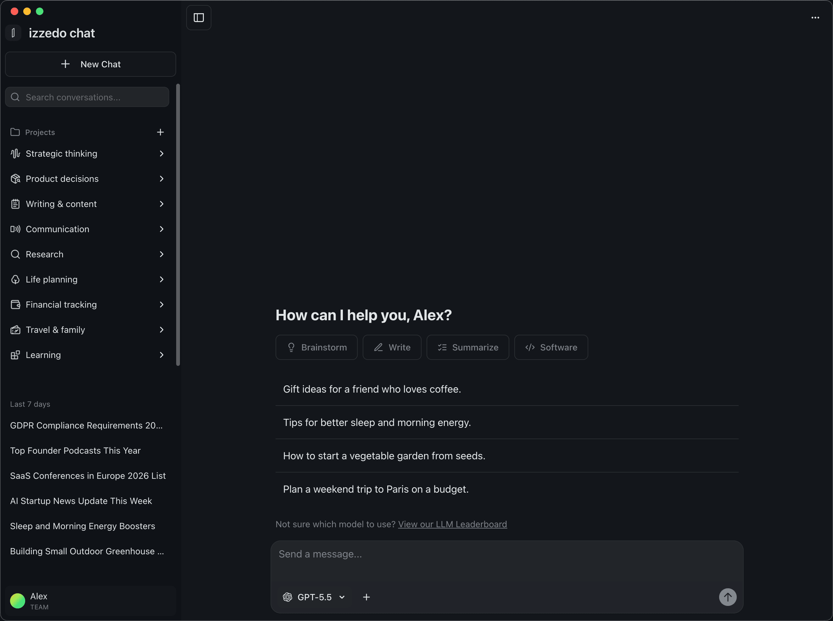 izzedo chat desktop app showing local projects in the sidebar